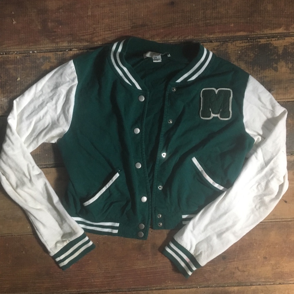 Forever 21 Green & White Varsity Cropped Jacket